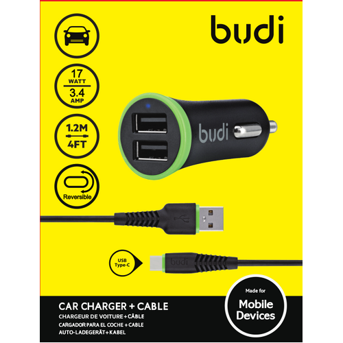 Budi 1.2m 2 USB car charger Type-C cable 061